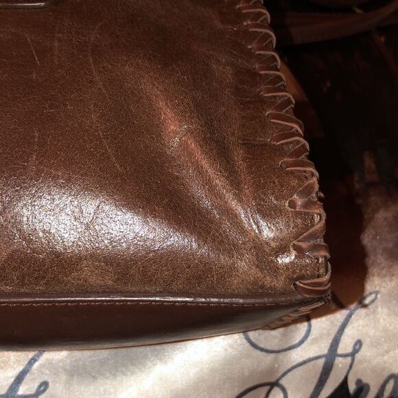 Worthington Chocolate Brown Genuine Leather Satchel Sewn Edges Twisted Handles - Picture 8 of 16